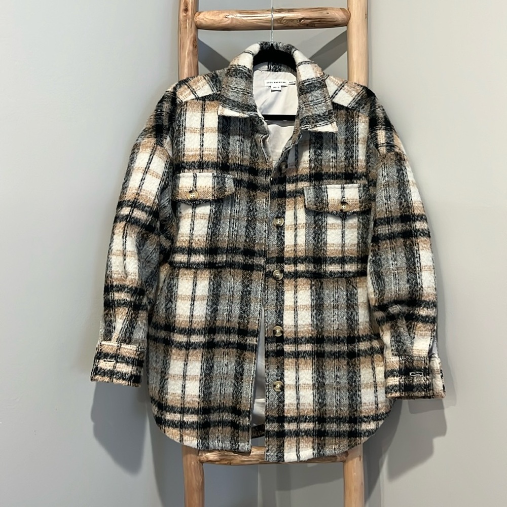 Good American Neutral Plaid Shacket